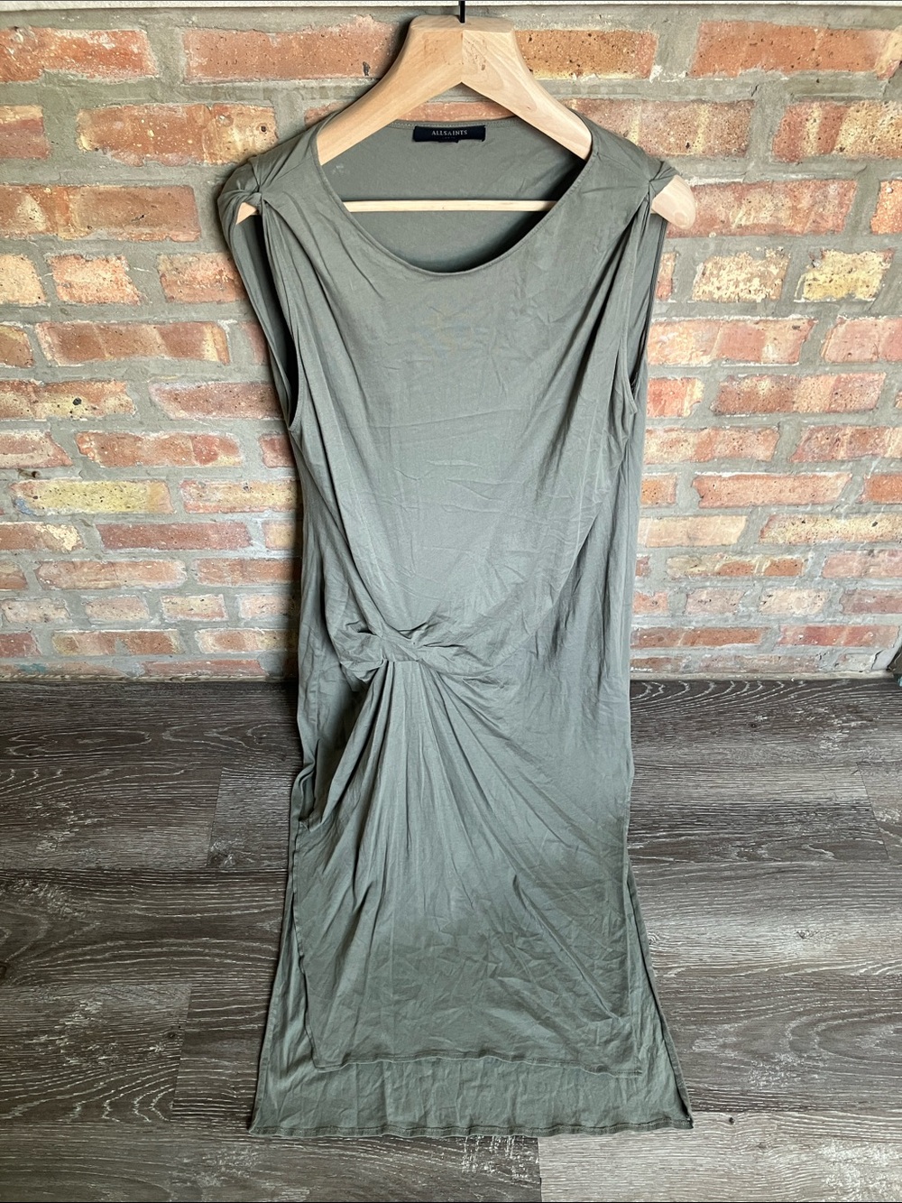 AllSaints riviera olive green Twist-Front Midi Dress